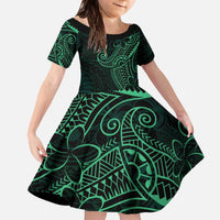 Black Green Polynesian Tribal Family Matching Off The Shoulder Long Sleeve Dress and Hawaiian Shirt LT9 Daughter's Dress Green - Polynesian Pride