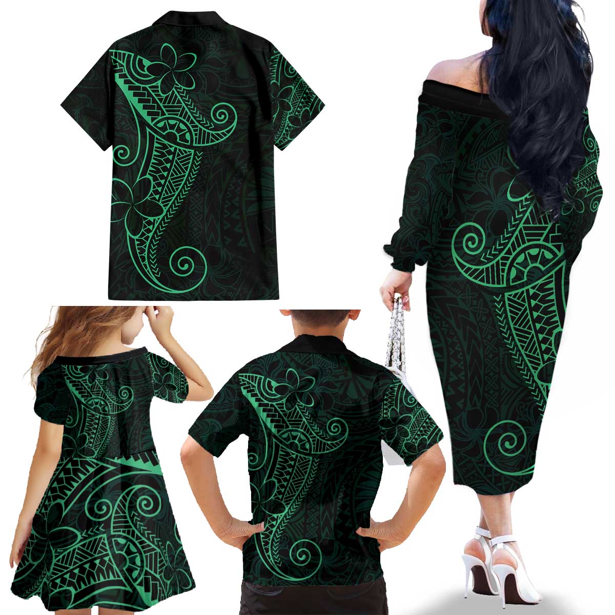 Black Green Polynesian Tribal Family Matching Off The Shoulder Long Sleeve Dress and Hawaiian Shirt LT9 - Polynesian Pride
