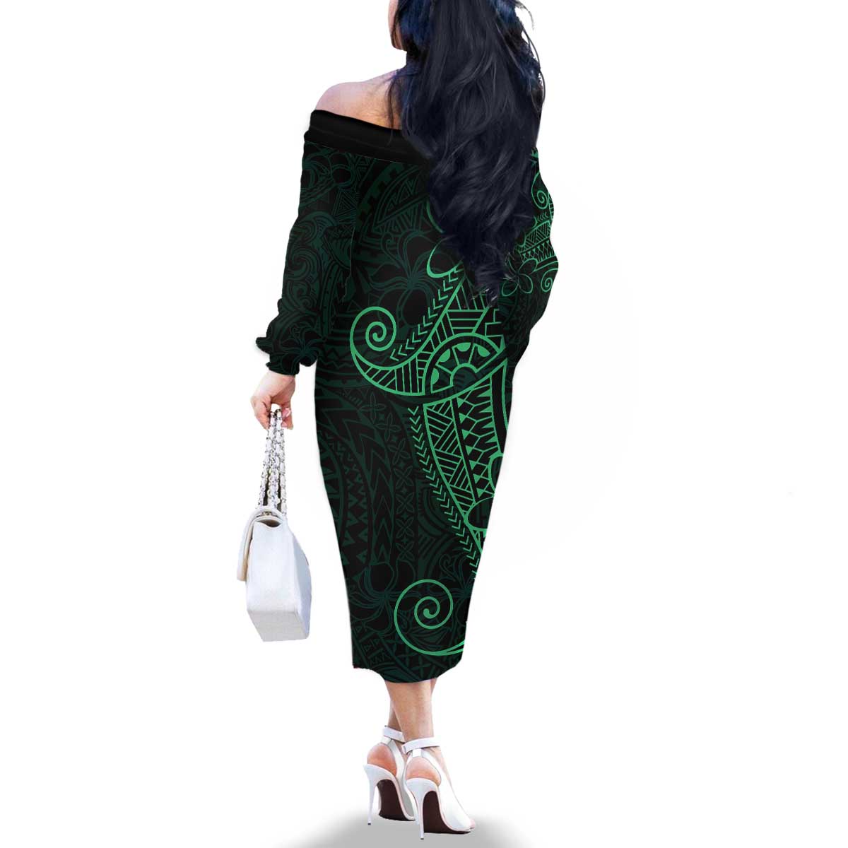 Black Green Polynesian Tribal Family Matching Off The Shoulder Long Sleeve Dress and Hawaiian Shirt LT9 - Polynesian Pride