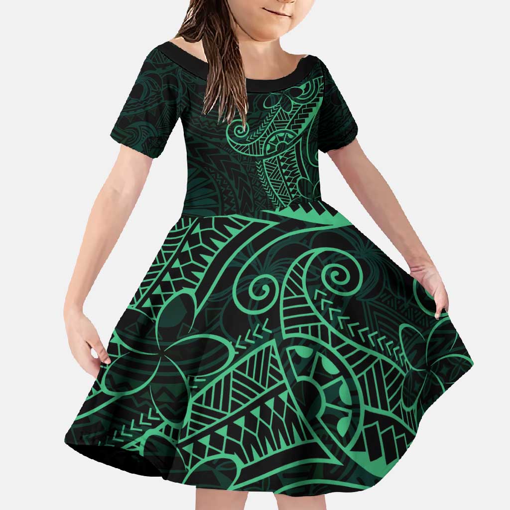 Black Green Polynesian Tribal Family Matching Off Shoulder Maxi Dress and Hawaiian Shirt - Polynesian Pride
