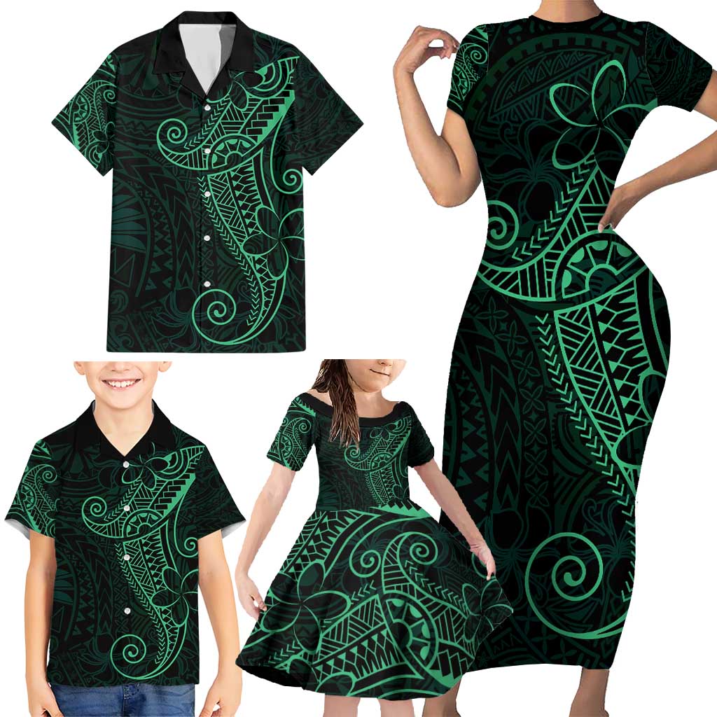 Black Green Polynesian Tribal Family Matching Short Sleeve Bodycon Dress and Hawaiian Shirt LT9 - Polynesian Pride