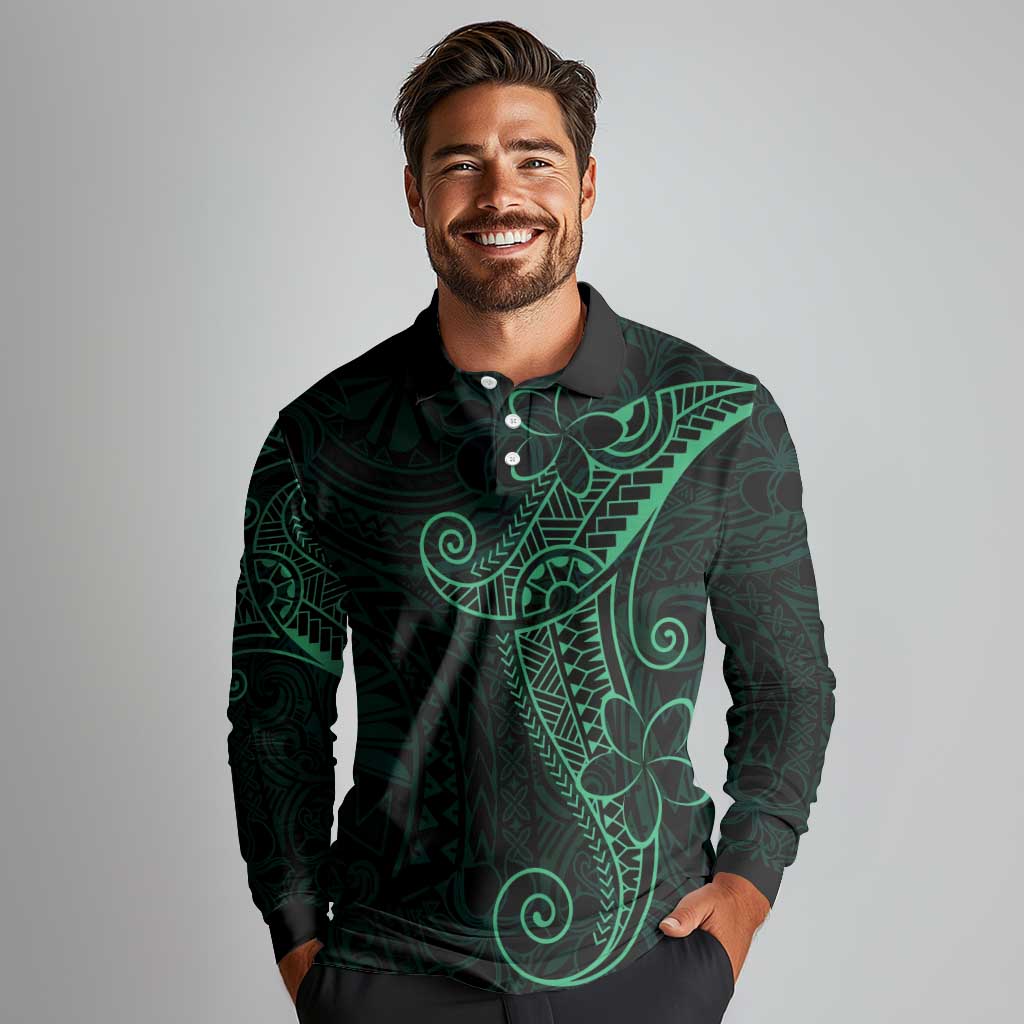 Black Green Polynesian Tribal Long Sleeve Polo Shirt - Polynesian Pride