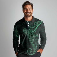 Black Green Polynesian Tribal Long Sleeve Polo Shirt - Polynesian Pride