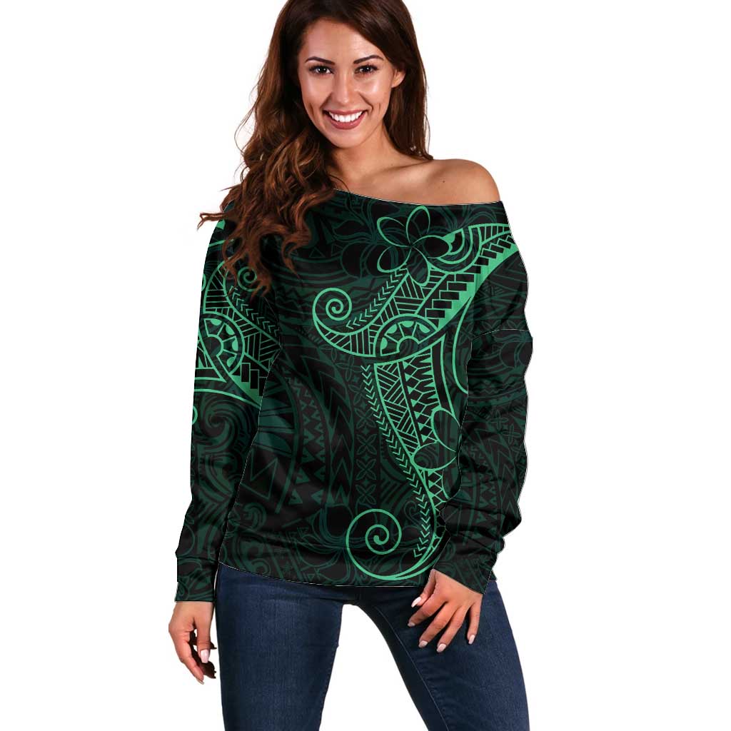 Black Green Polynesian Tribal Off Shoulder Sweater LT9 Women Green - Polynesian Pride