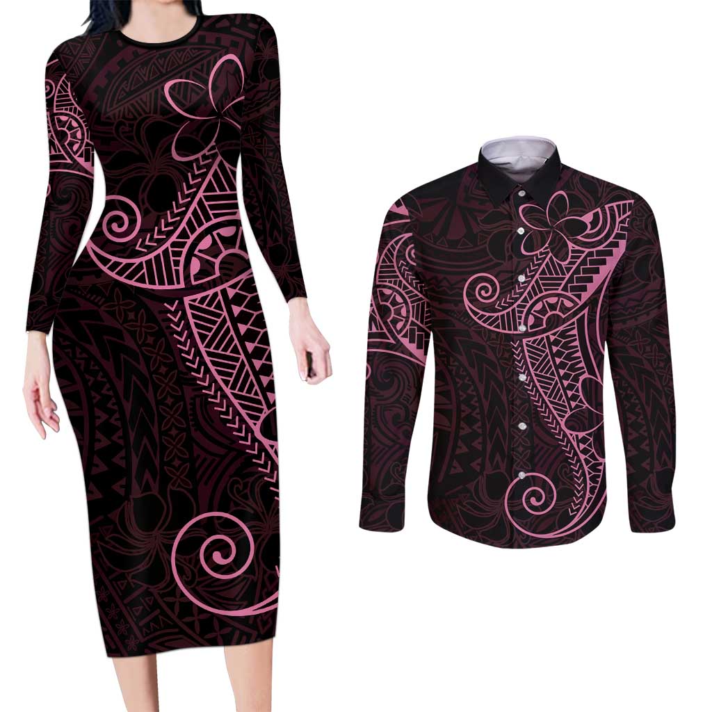 Black Pink Polynesian Tribal Couples Matching Long Sleeve Bodycon Dress and Long Sleeve Button Shirt - Polynesian Pride