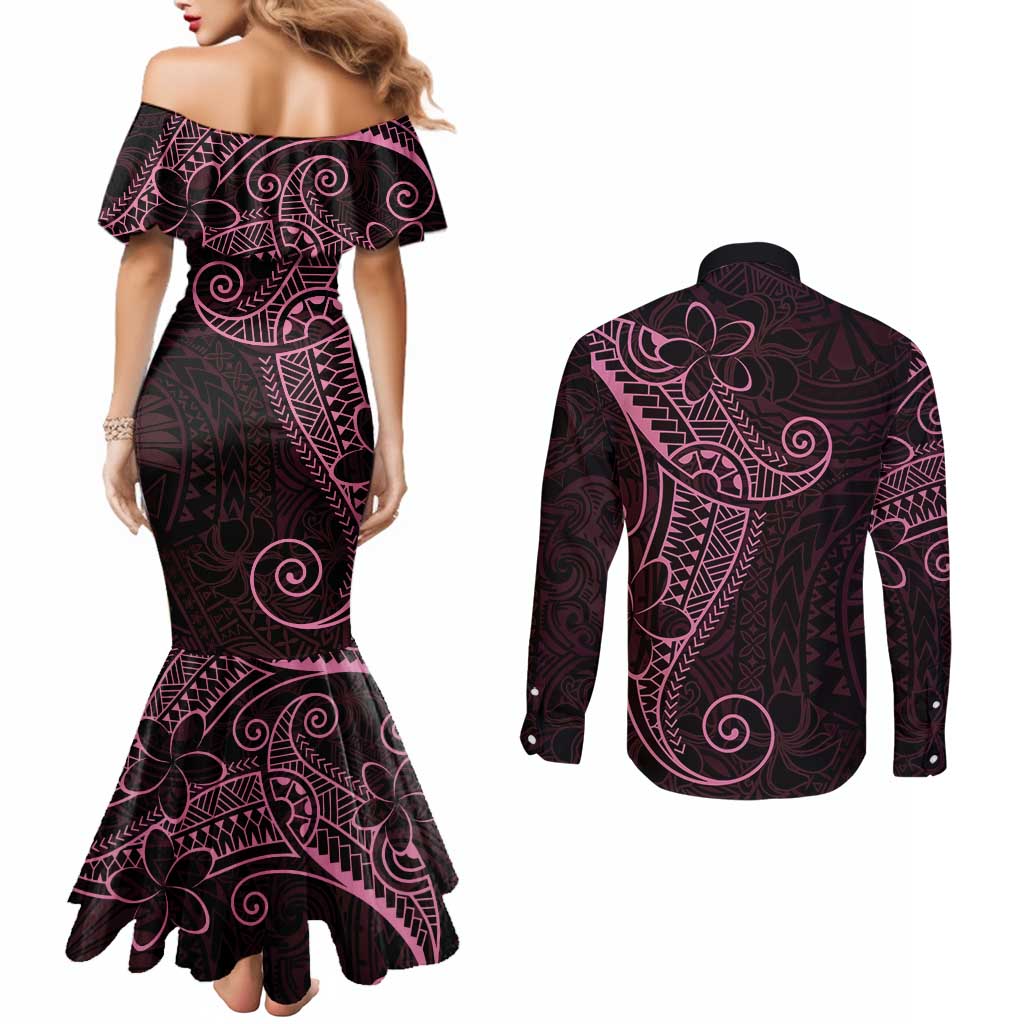 Black Pink Polynesian Tribal Couples Matching Mermaid Dress and Long Sleeve Button Shirt - Polynesian Pride