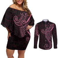 Black Pink Polynesian Tribal Couples Matching Off Shoulder Short Dress and Long Sleeve Button Shirt - Polynesian Pride