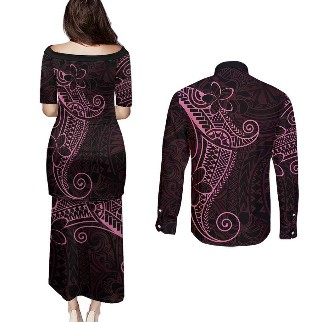 Black Pink Polynesian Tribal Couples Matching Puletasi and Long Sleeve Button Shirt - Polynesian Pride