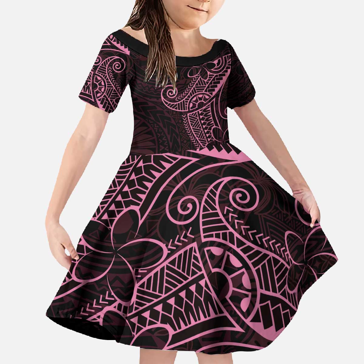 Black Pink Polynesian Tribal Family Matching Off The Shoulder Long Sleeve Dress and Hawaiian Shirt LT9 Daughter's Dress Pink - Polynesian Pride