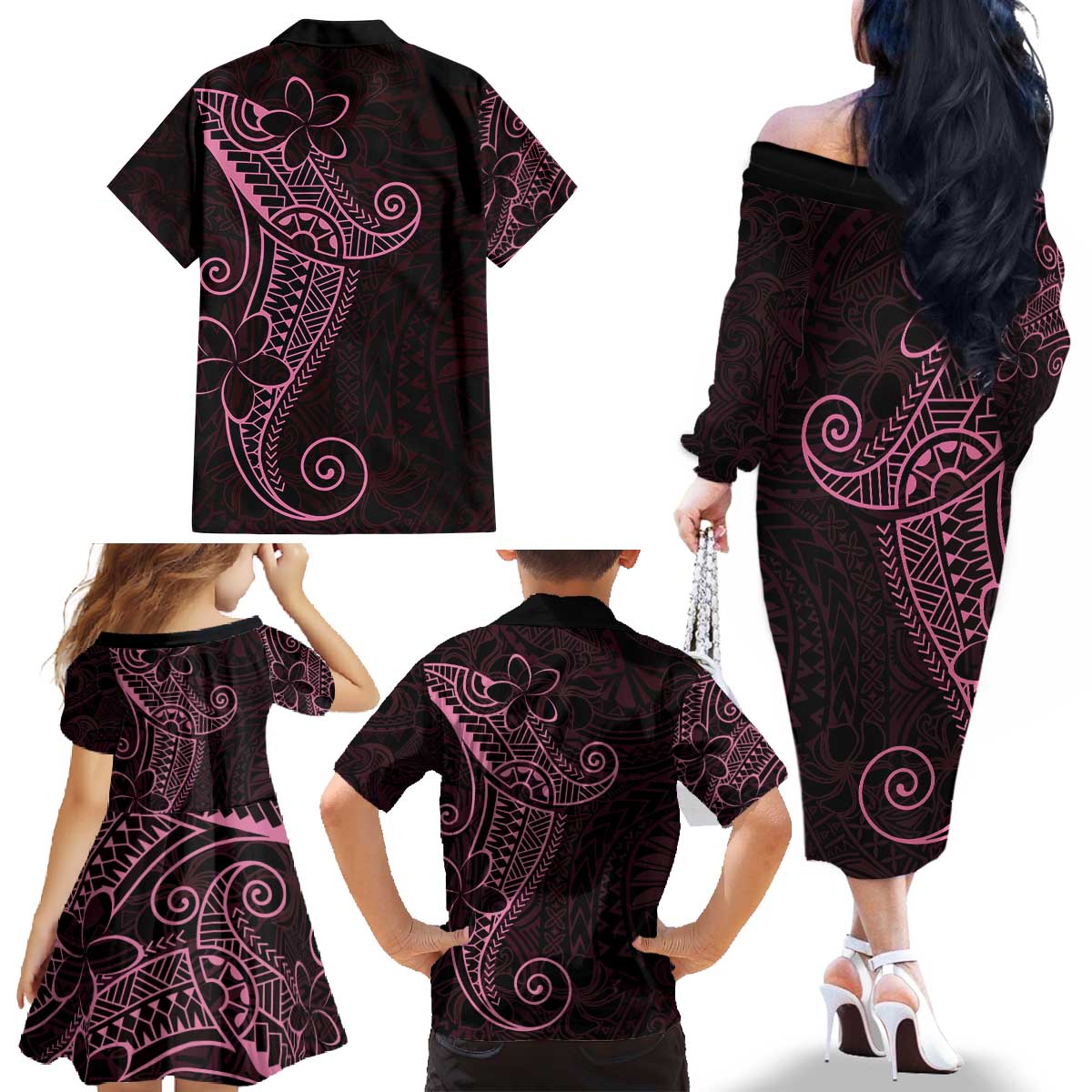 Black Pink Polynesian Tribal Family Matching Off The Shoulder Long Sleeve Dress and Hawaiian Shirt LT9 - Polynesian Pride