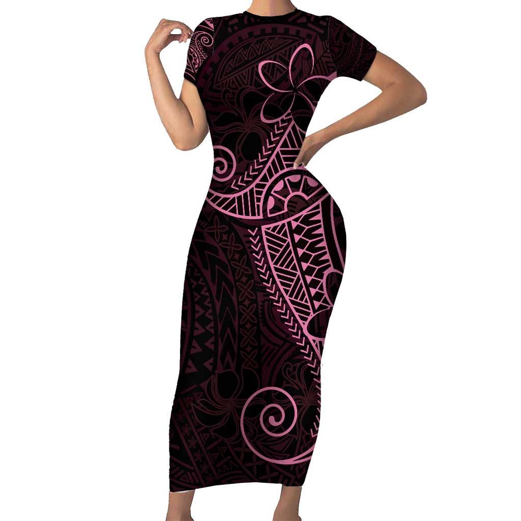 Black Pink Polynesian Tribal Family Matching Short Sleeve Bodycon Dress and Hawaiian Shirt LT9 Mom's Dress Pink - Polynesian Pride