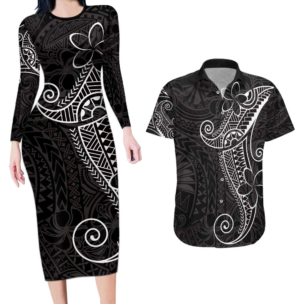 Black White Polynesian Tribal Couples Matching Long Sleeve Bodycon Dress and Hawaiian Shirt LT9 White - Polynesian Pride
