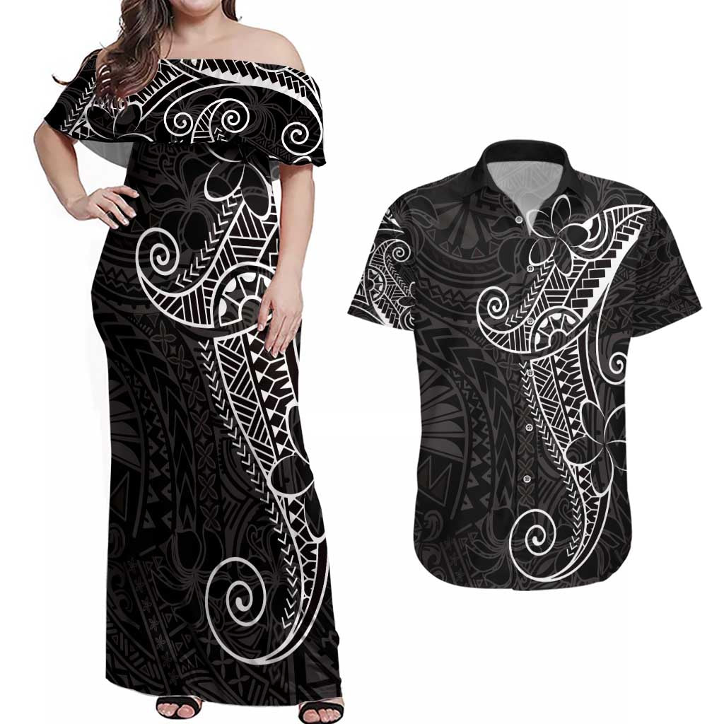 Black White Polynesian Tribal Couples Matching Off Shoulder Maxi Dress and Hawaiian Shirt LT9 White - Polynesian Pride