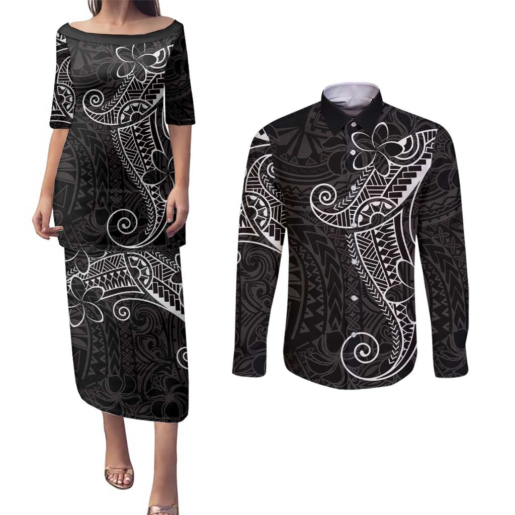 Black White Polynesian Tribal Couples Matching Puletasi and Long Sleeve Button Shirt - Polynesian Pride
