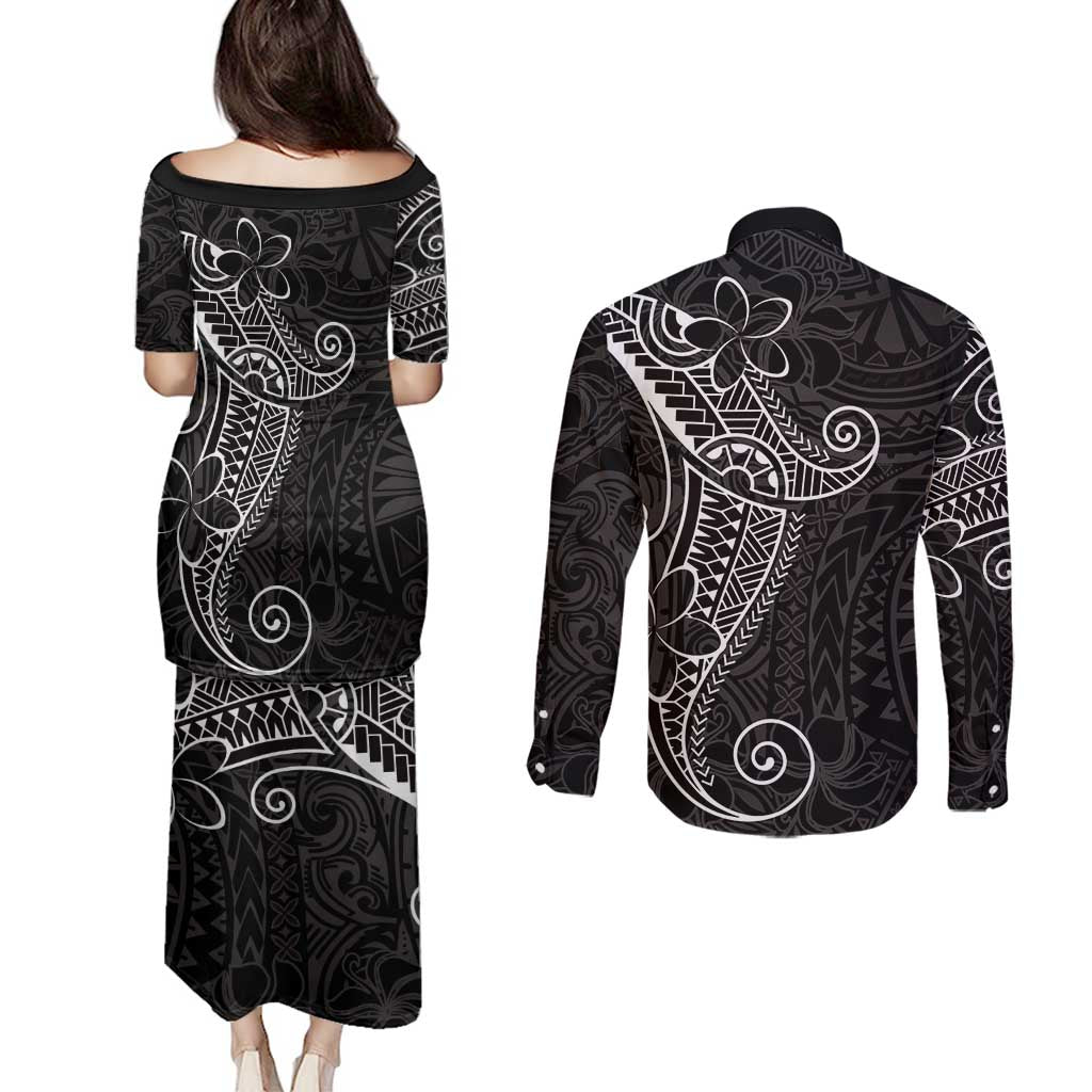 Black White Polynesian Tribal Couples Matching Puletasi and Long Sleeve Button Shirt - Polynesian Pride
