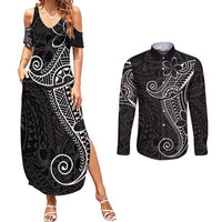 Black White Polynesian Tribal Couples Matching Summer Maxi Dress and Long Sleeve Button Shirt - Polynesian Pride