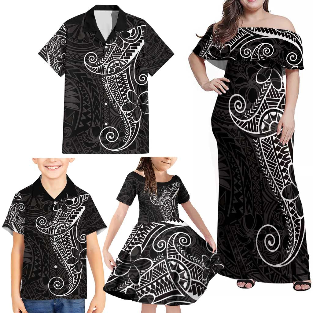 Black White Polynesian Tribal Family Matching Off Shoulder Maxi Dress and Hawaiian Shirt LT9 - Polynesian Pride