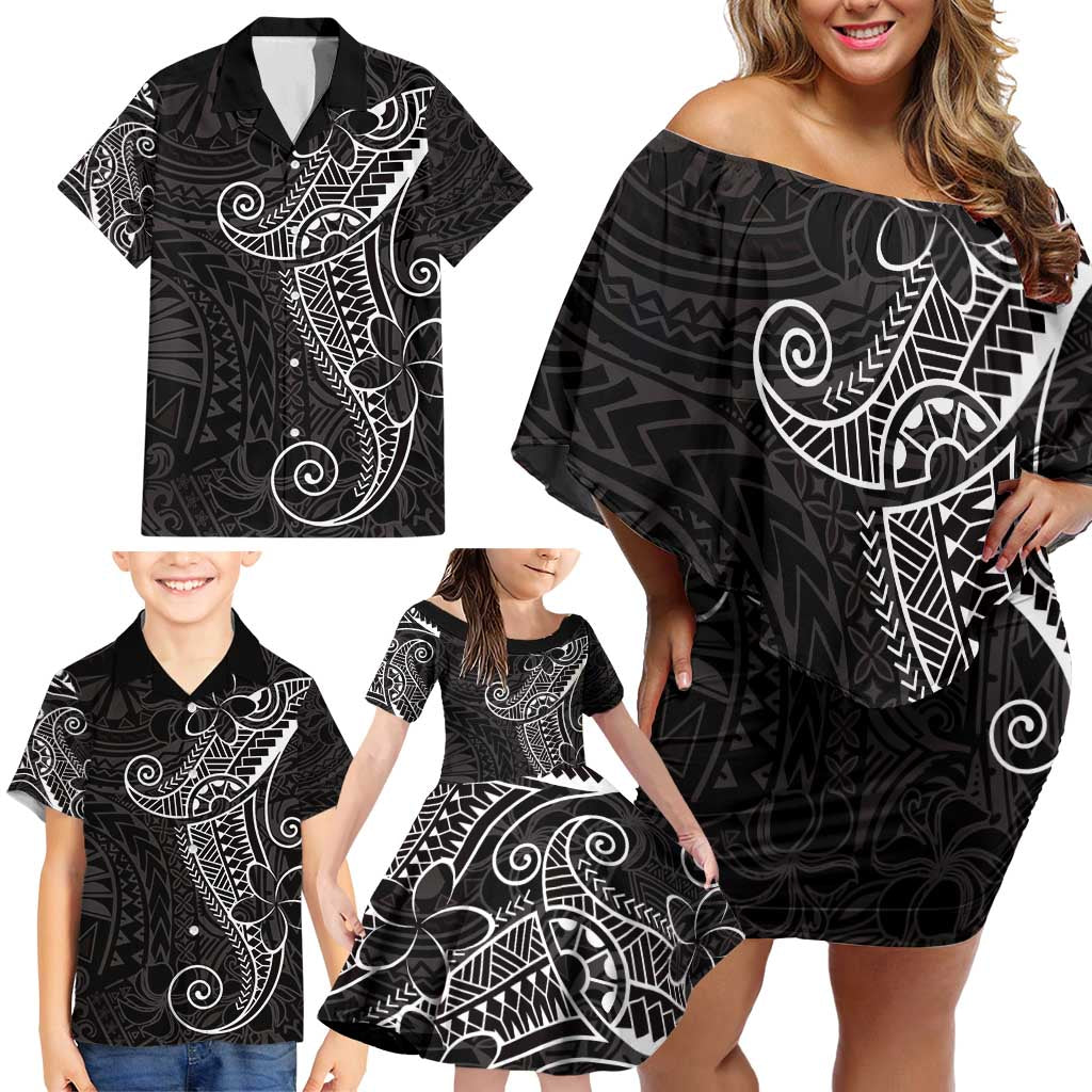 Black White Polynesian Tribal Family Matching Off Shoulder Short Dress and Hawaiian Shirt LT9 - Polynesian Pride