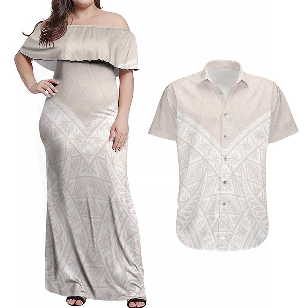 Lotu Tamaiti Tongan Polynesian Art Pattern Couples Matching Off Shoulder Maxi Dress and Hawaiian Shirt Traditional Tribal Motifs LT9 White - Polynesian Pride