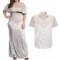 Lotu Tamaiti Tongan Polynesian Art Pattern Couples Matching Off Shoulder Maxi Dress and Hawaiian Shirt Traditional Tribal Motifs LT9 White - Polynesian Pride