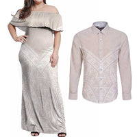Lotu Tamaiti Tongan Polynesian Art Pattern Couples Matching Off Shoulder Maxi Dress and Long Sleeve Button Shirt Traditional Tribal Motifs LT9 White - Polynesian Pride