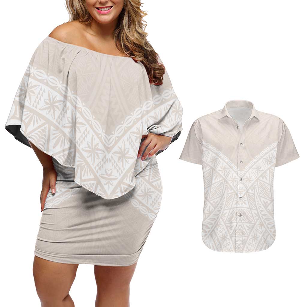 Lotu Tamaiti Tongan Polynesian Art Pattern Couples Matching Off Shoulder Short Dress and Hawaiian Shirt Traditional Tribal Motifs LT9 White - Polynesian Pride