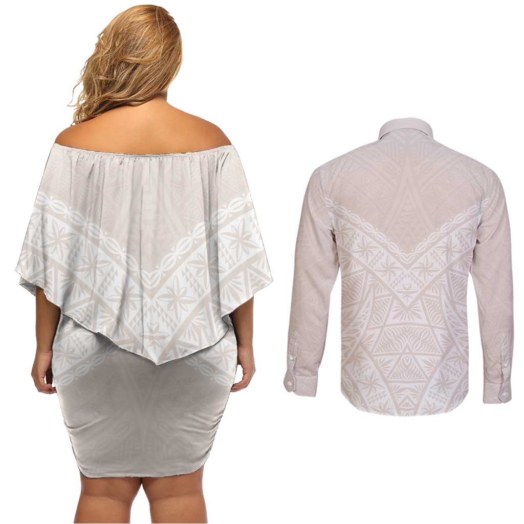 Lotu Tamaiti Tongan Polynesian Art Pattern Couples Matching Off Shoulder Short Dress and Long Sleeve Button Shirt Traditional Tribal Motifs LT9 - Polynesian Pride