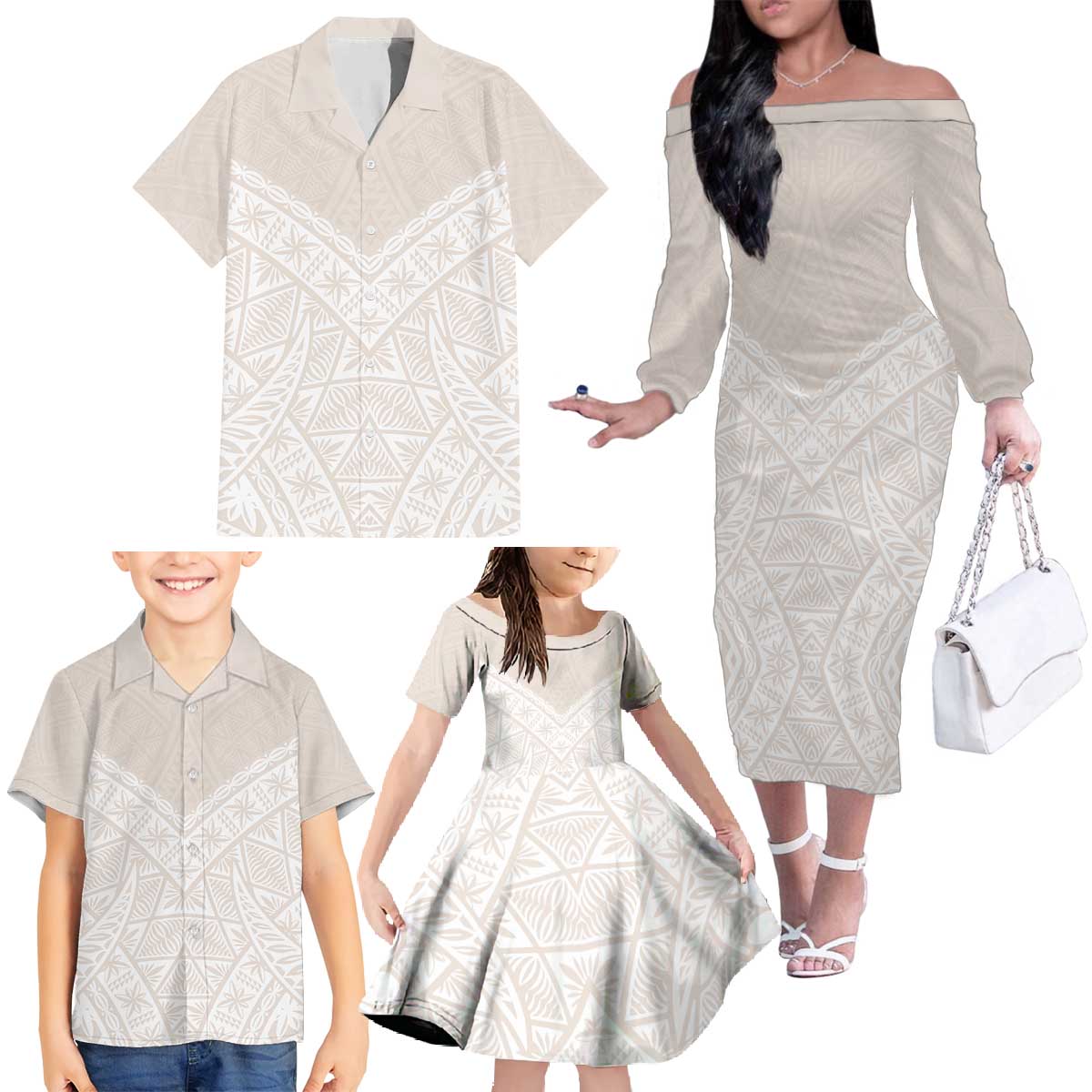 Lotu Tamaiti Tongan Polynesian Art Pattern Family Matching Off The Shoulder Long Sleeve Dress and Hawaiian Shirt Traditional Tribal Motifs - Polynesian Pride