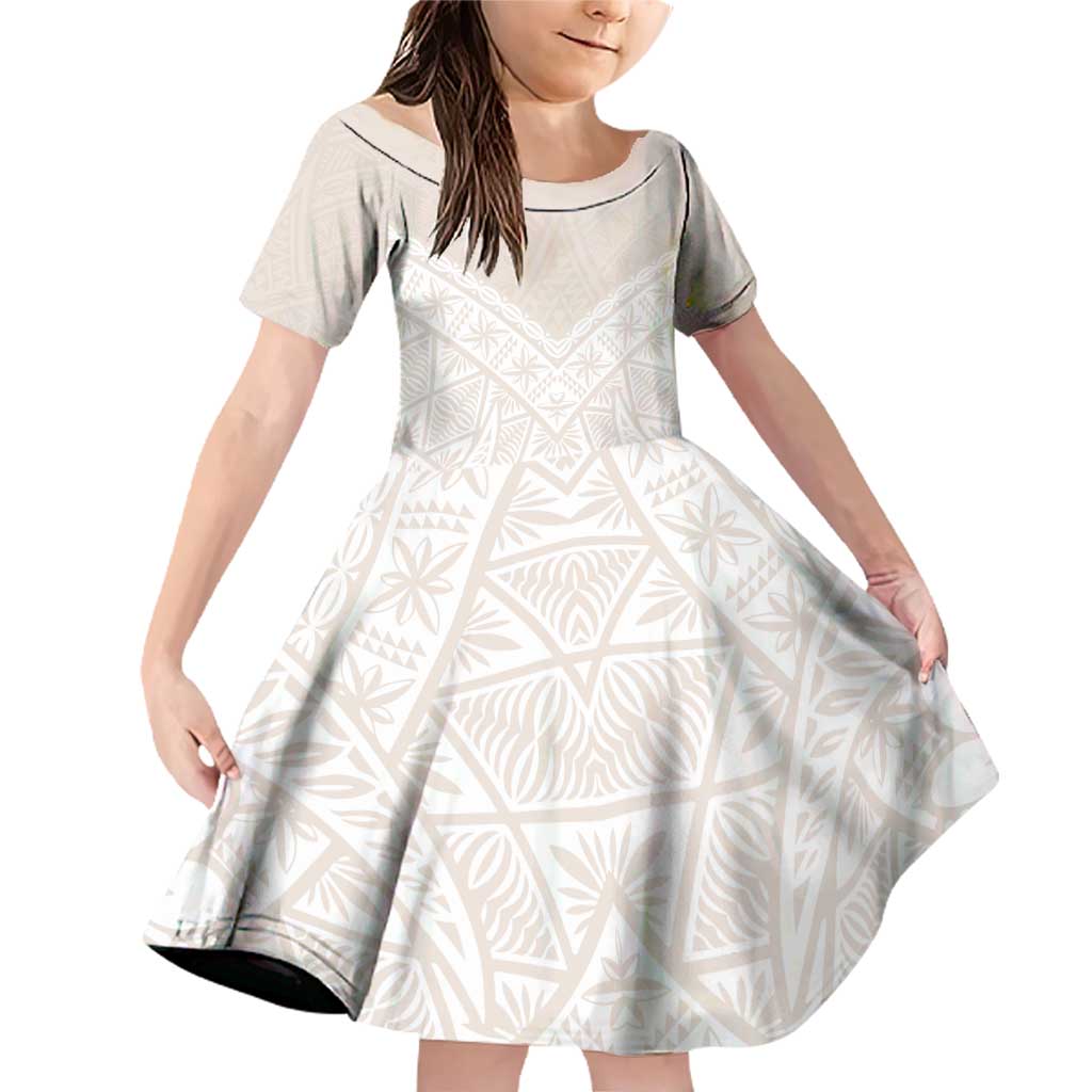 Lotu Tamaiti Tongan Polynesian Art Pattern Family Matching Off Shoulder Short Dress and Hawaiian Shirt Traditional Tribal Motifs LT9 Daughter's Dress White - Polynesian Pride
