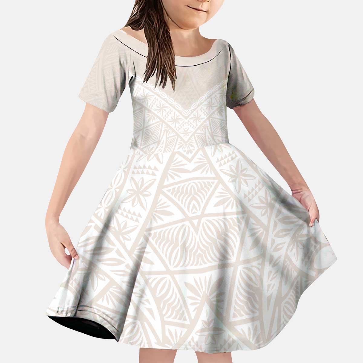 Lotu Tamaiti Tongan Polynesian Art Pattern Kid Short Sleeve Dress Traditional Tribal Motifs - Polynesian Pride