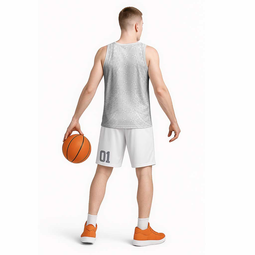 Lotu Tamaiti White Tongan Ngatu Basketball Jersey Polynesian Tribal Fonulei Pattern - Polynesian Pride