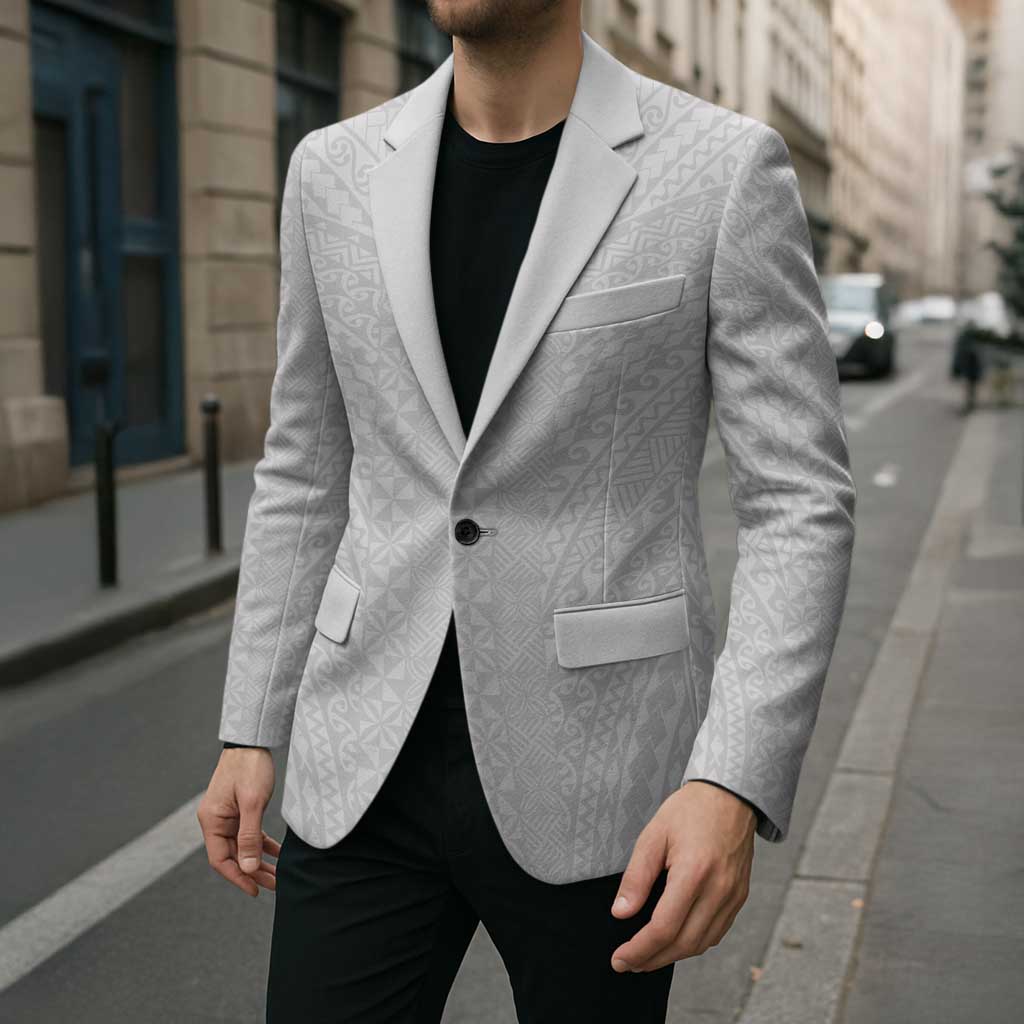 Lotu Tamaiti White Tongan Ngatu Blazer Polynesian Tribal Fonulei Pattern - Polynesian Pride