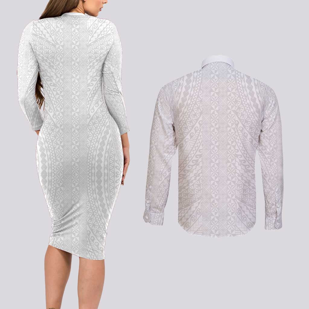 Lotu Tamaiti White Tongan Ngatu Couples Matching Long Sleeve Bodycon Dress and Long Sleeve Button Shirt Polynesian Tribal Fonulei Pattern - Polynesian Pride