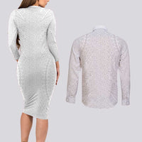 Lotu Tamaiti White Tongan Ngatu Couples Matching Long Sleeve Bodycon Dress and Long Sleeve Button Shirt Polynesian Tribal Fonulei Pattern - Polynesian Pride