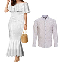 Lotu Tamaiti White Tongan Ngatu Couples Matching Mermaid Dress and Long Sleeve Button Shirt Polynesian Tribal Fonulei Pattern LT9 White - Polynesian Pride