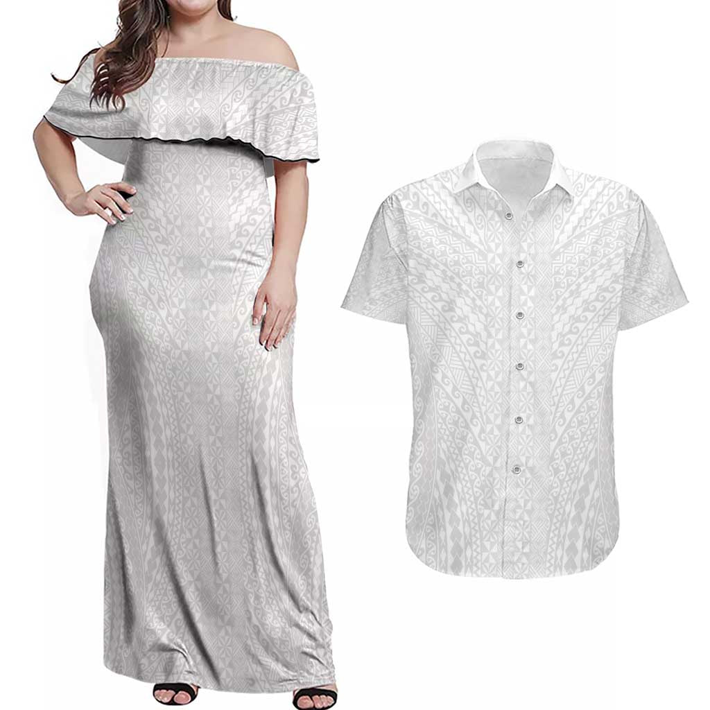 Lotu Tamaiti White Tongan Ngatu Couples Matching Off Shoulder Maxi Dress and Hawaiian Shirt Polynesian Tribal Fonulei Pattern LT9 White - Polynesian Pride