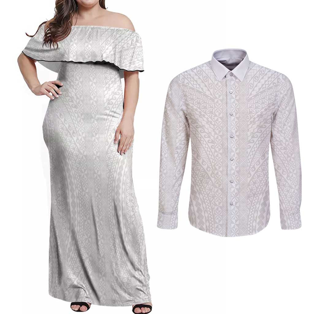 Lotu Tamaiti White Tongan Ngatu Couples Matching Off Shoulder Maxi Dress and Long Sleeve Button Shirt Polynesian Tribal Fonulei Pattern LT9 White - Polynesian Pride