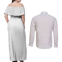 Lotu Tamaiti White Tongan Ngatu Couples Matching Off Shoulder Maxi Dress and Long Sleeve Button Shirt Polynesian Tribal Fonulei Pattern LT9 - Polynesian Pride