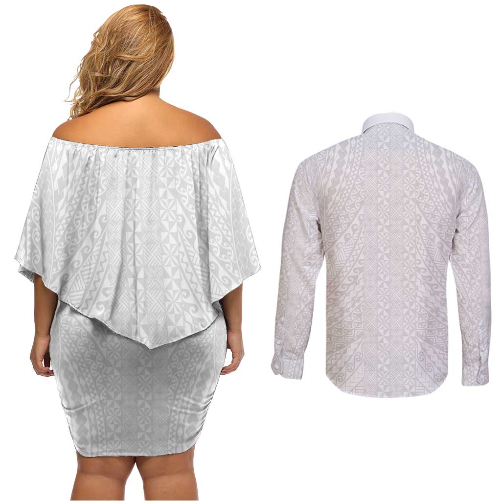 Lotu Tamaiti White Tongan Ngatu Couples Matching Off Shoulder Short Dress and Long Sleeve Button Shirt Polynesian Tribal Fonulei Pattern LT9 - Polynesian Pride