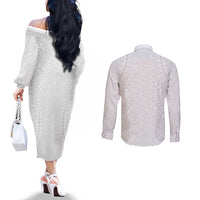 Lotu Tamaiti White Tongan Ngatu Couples Matching Off The Shoulder Long Sleeve Dress and Long Sleeve Button Shirt Polynesian Tribal Fonulei Pattern - Polynesian Pride