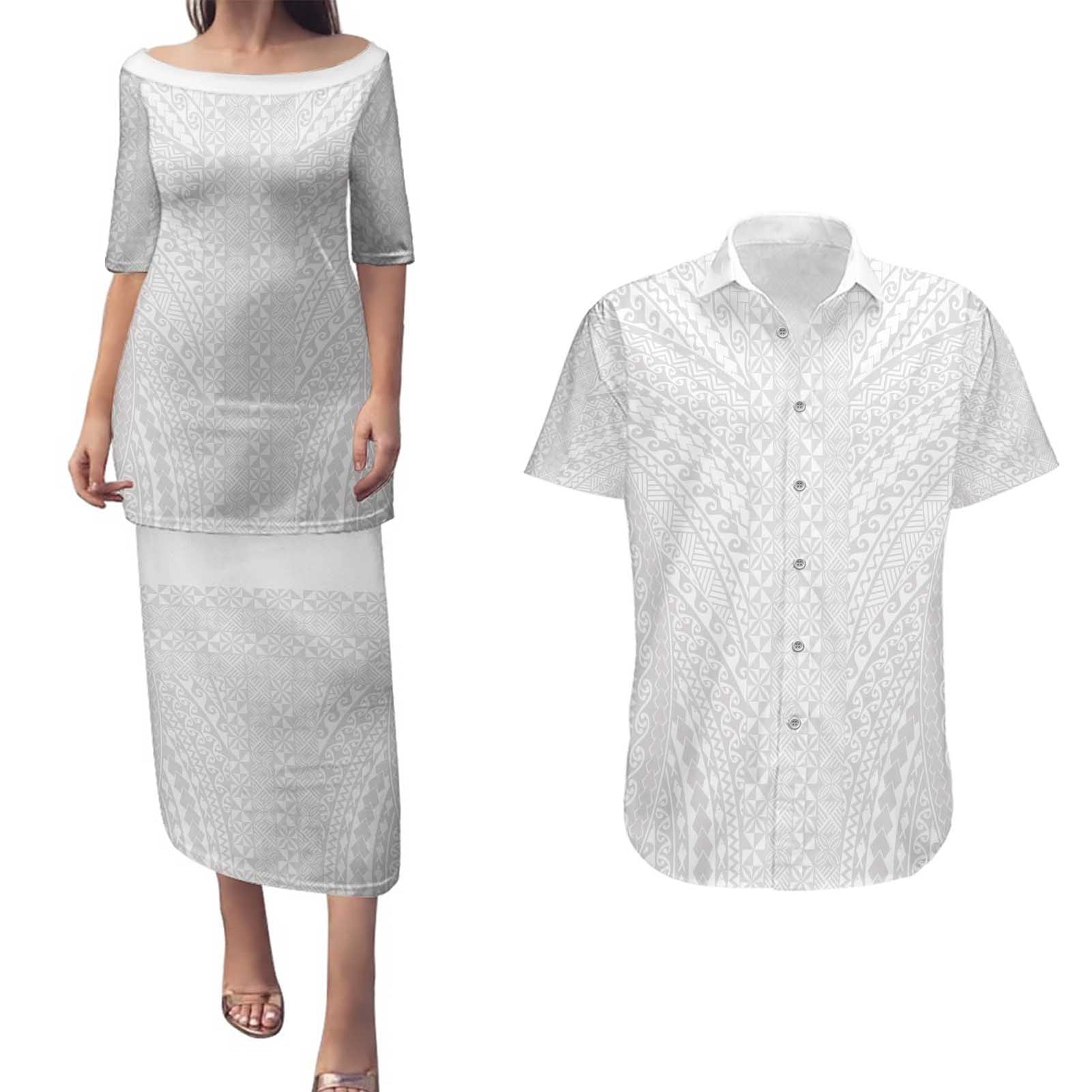 Lotu Tamaiti White Tongan Ngatu Couples Matching Puletasi and Hawaiian Shirt Polynesian Tribal Fonulei Pattern - Polynesian Pride