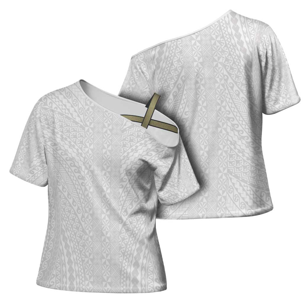Lotu Tamaiti White Tongan Ngatu Cross Shoulder Shirt Polynesian Tribal Fonulei Pattern - Polynesian Pride
