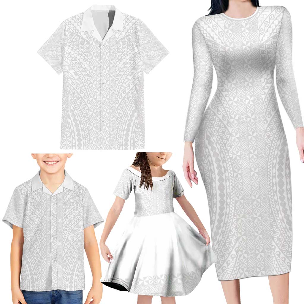 Lotu Tamaiti White Tongan Ngatu Family Matching Long Sleeve Bodycon Dress and Hawaiian Shirt Polynesian Tribal Fonulei Pattern LT9 - Polynesian Pride
