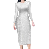 Lotu Tamaiti White Tongan Ngatu Family Matching Long Sleeve Bodycon Dress and Hawaiian Shirt Polynesian Tribal Fonulei Pattern LT9 Mom's Dress White - Polynesian Pride