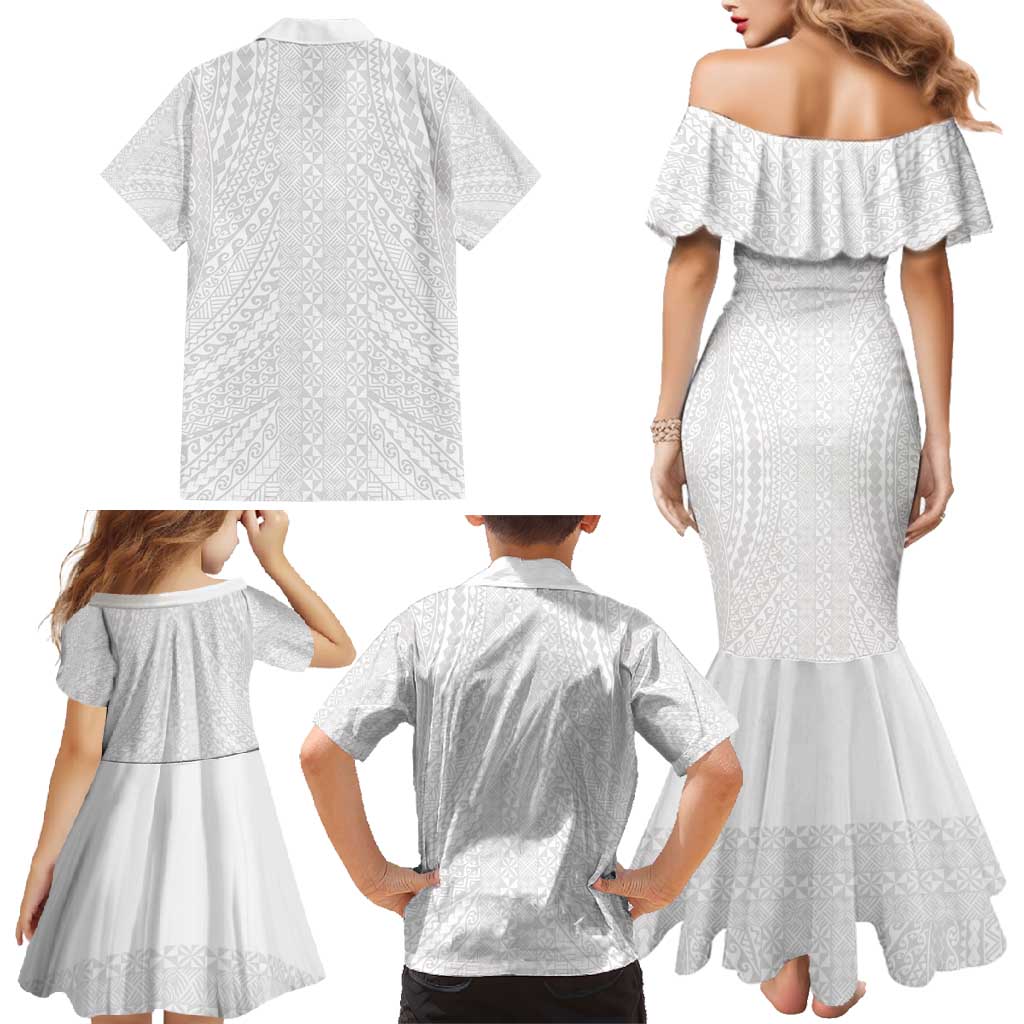 Lotu Tamaiti White Tongan Ngatu Family Matching Mermaid Dress and Hawaiian Shirt Polynesian Tribal Fonulei Pattern LT9 - Polynesian Pride