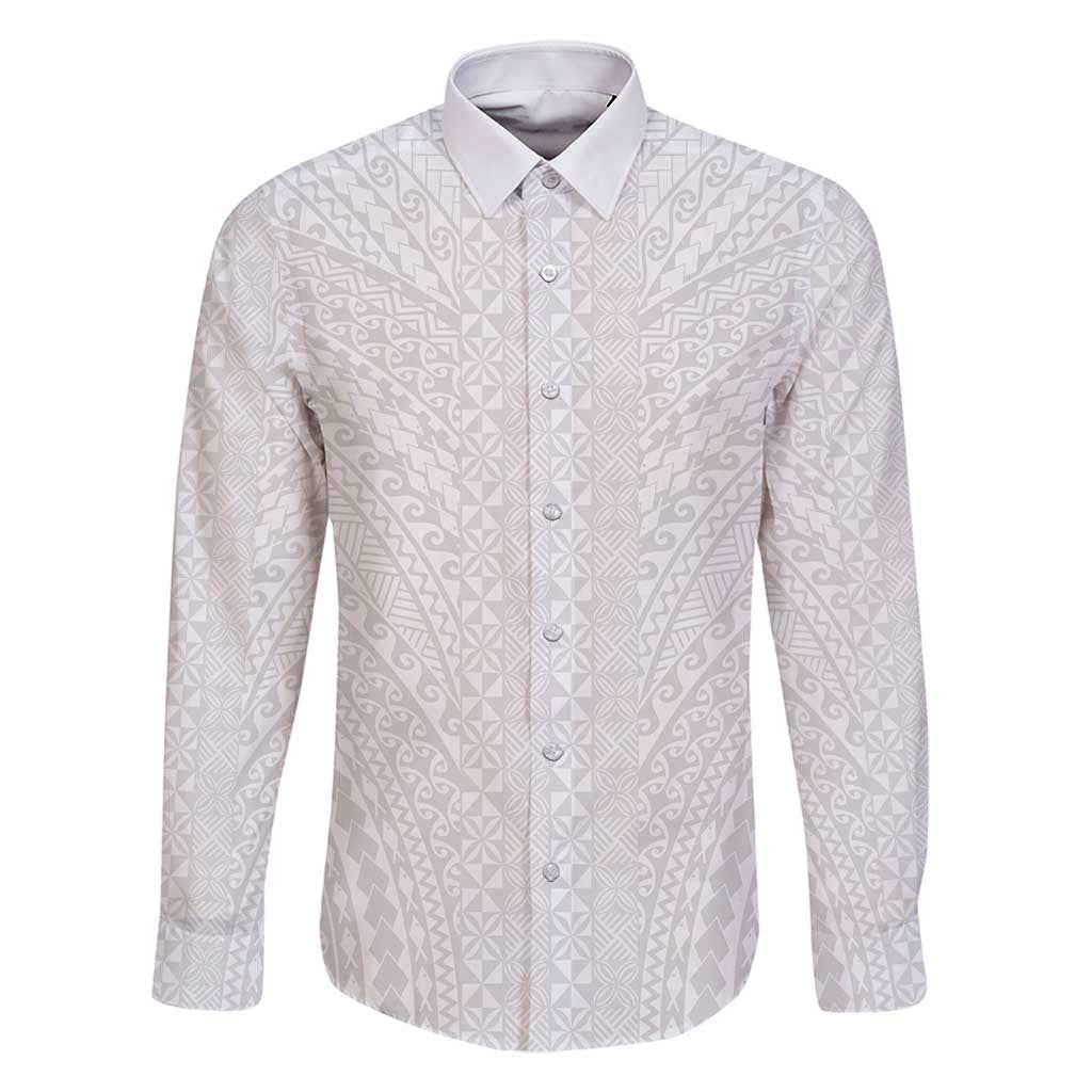 Lotu Tamaiti White Tongan Ngatu Family Matching Mermaid Dress and Hawaiian Shirt Polynesian Tribal Fonulei Pattern LT9 Dad's Shirt - Long Sleeve White - Polynesian Pride