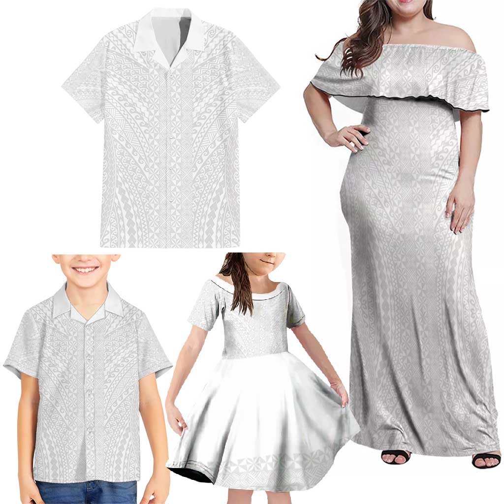 Lotu Tamaiti White Tongan Ngatu Family Matching Off Shoulder Maxi Dress and Hawaiian Shirt Polynesian Tribal Fonulei Pattern - Polynesian Pride