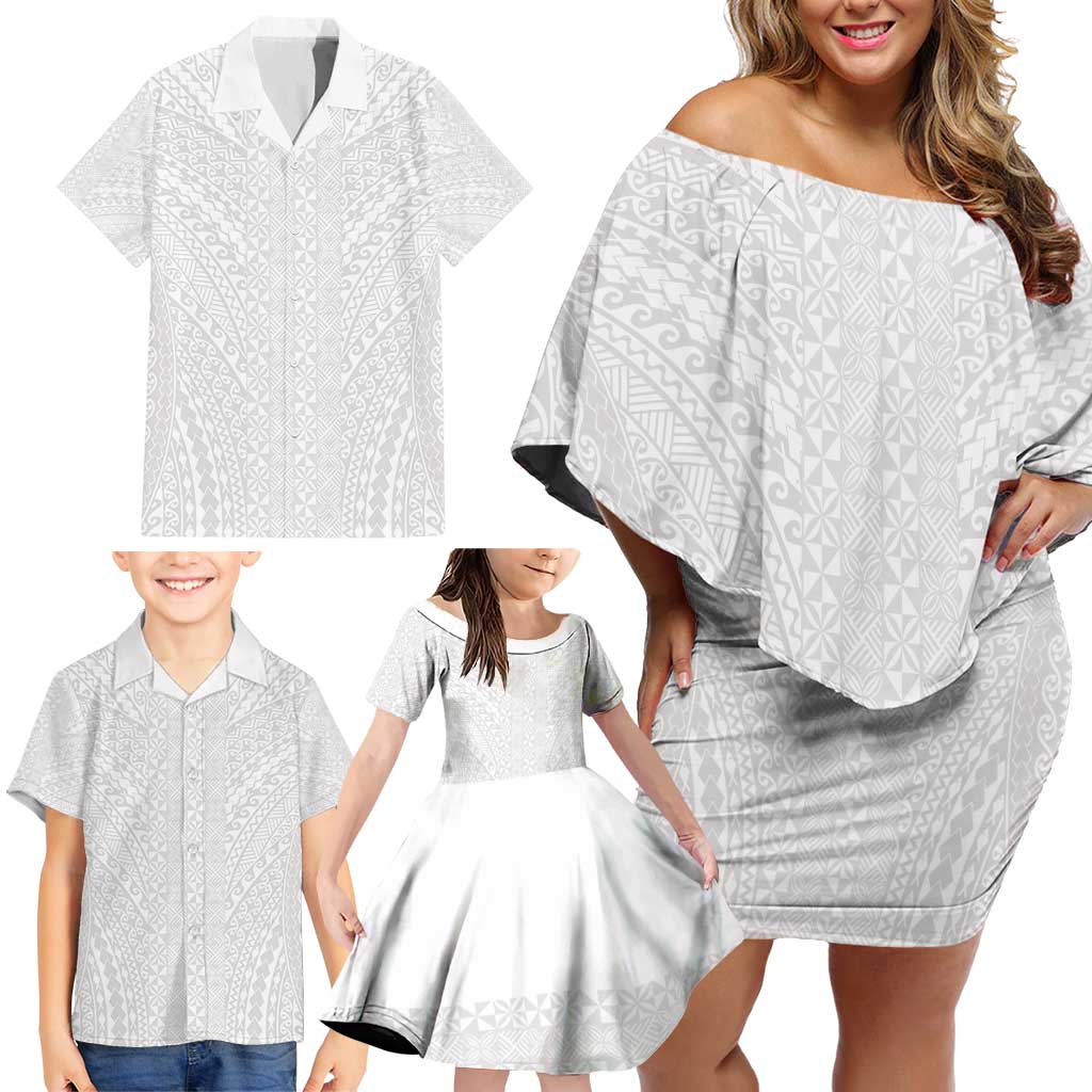 Lotu Tamaiti White Tongan Ngatu Family Matching Off Shoulder Short Dress and Hawaiian Shirt Polynesian Tribal Fonulei Pattern LT9 - Polynesian Pride
