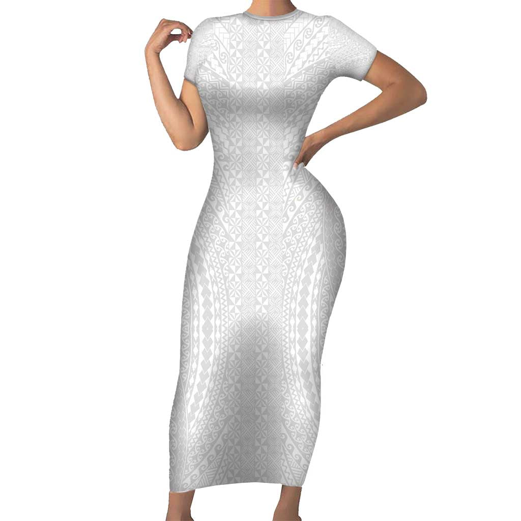 Lotu Tamaiti White Tongan Ngatu Family Matching Short Sleeve Bodycon Dress and Hawaiian Shirt Polynesian Tribal Fonulei Pattern LT9 Mom's Dress White - Polynesian Pride