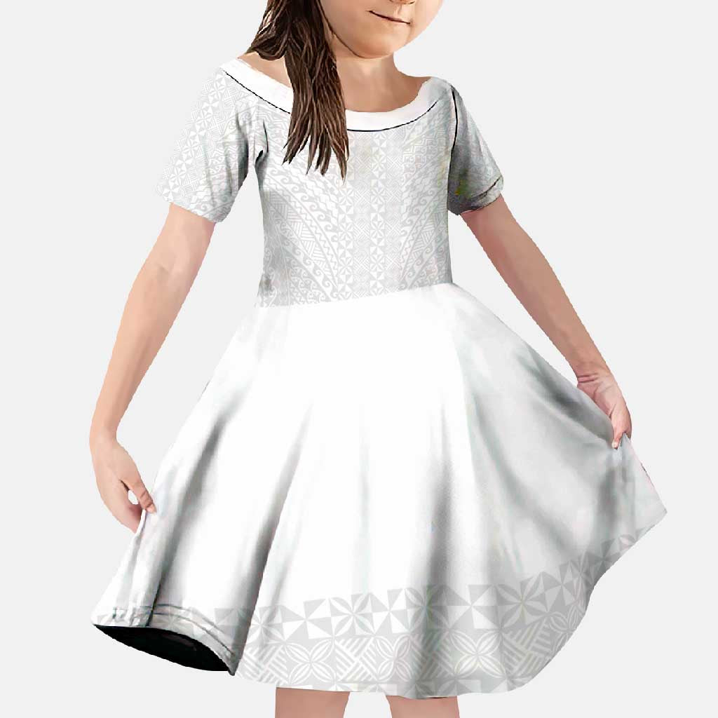 Lotu Tamaiti White Tongan Ngatu Family Matching Summer Maxi Dress and Hawaiian Shirt Polynesian Tribal Fonulei Pattern LT9 Daughter's Dress White - Polynesian Pride